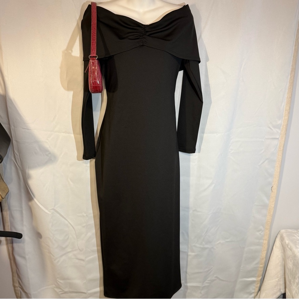 Black‎ Off Shoulder Ruched Maxi Dress Long Sleeve Size L